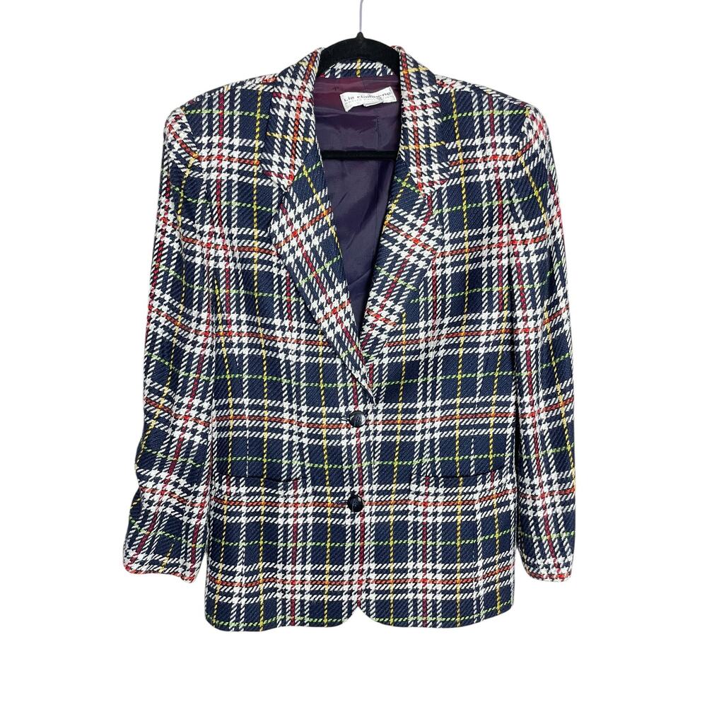 Vintage 80s 90s Liz Claiborne Colorful Plaid Blue White Blazer Petite Size 6P